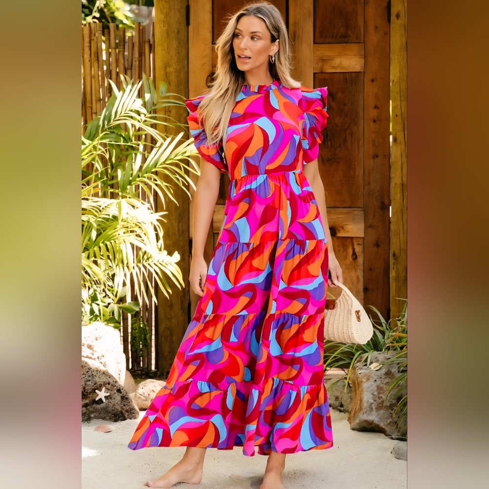 Ruffled Pink and Blue Resort Maxi Dress